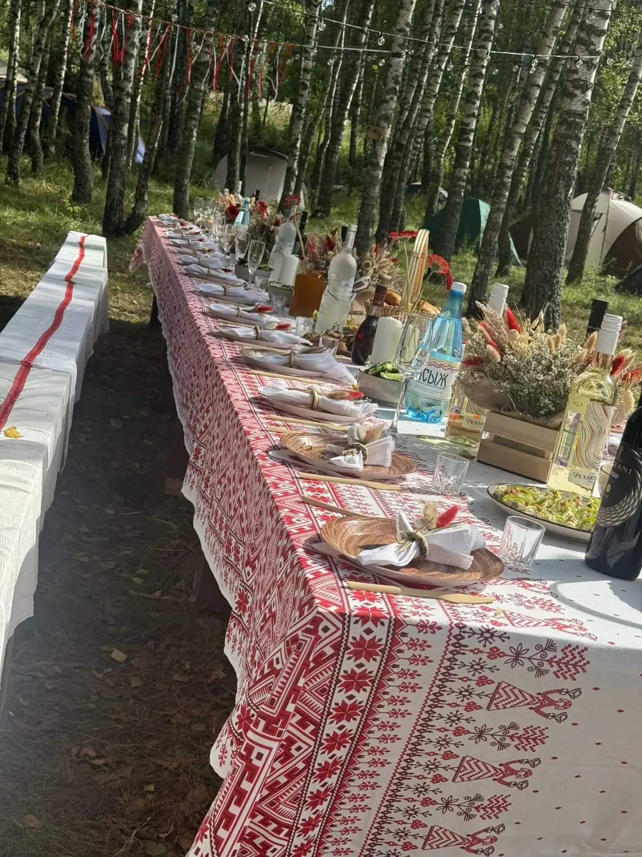 Сервированный банкетный стол на природе