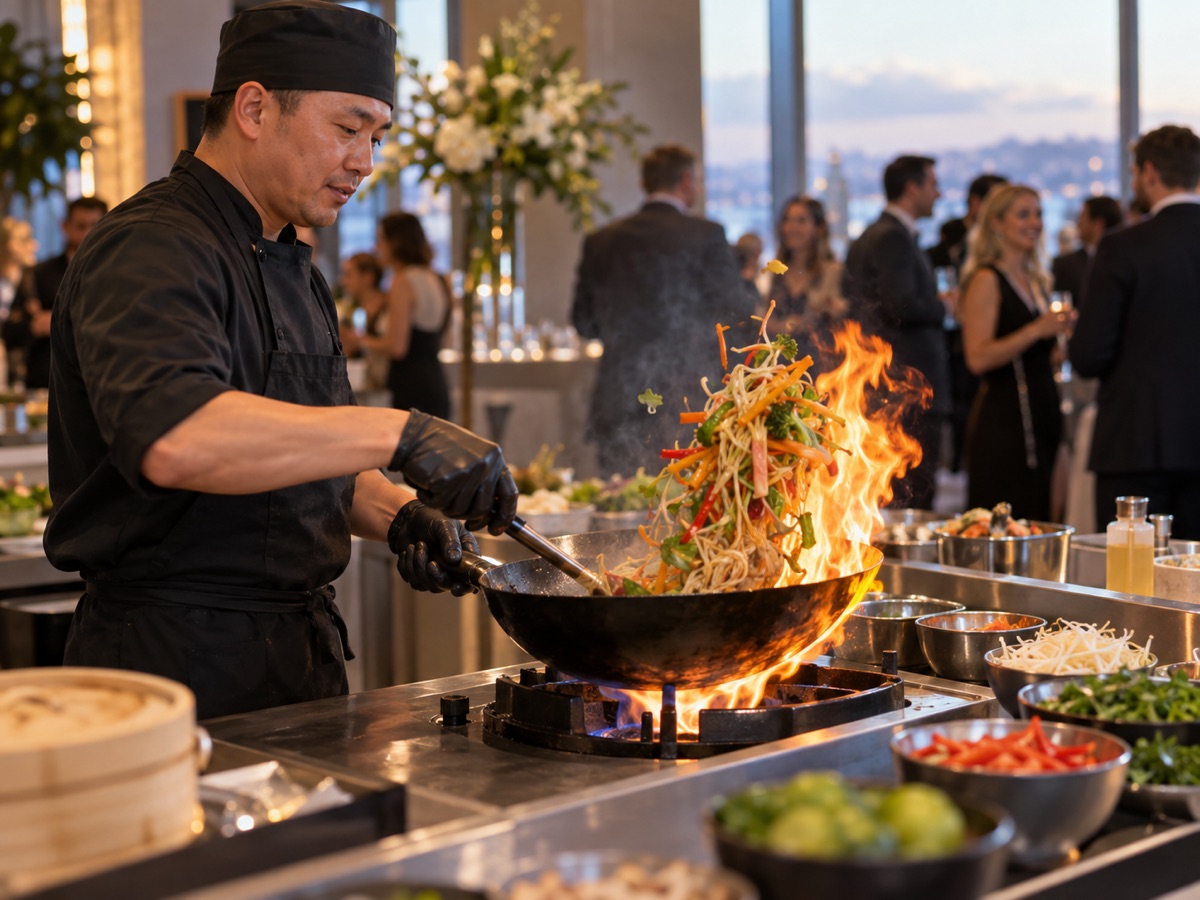 Повар готовит лапшу на WOK-станции
